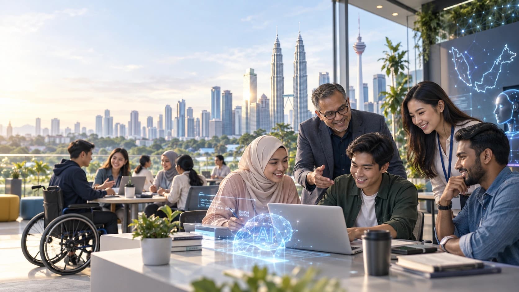 Professionals in Kuala Lumpur learning AI tools together, with a trainer guiding them at a laptop